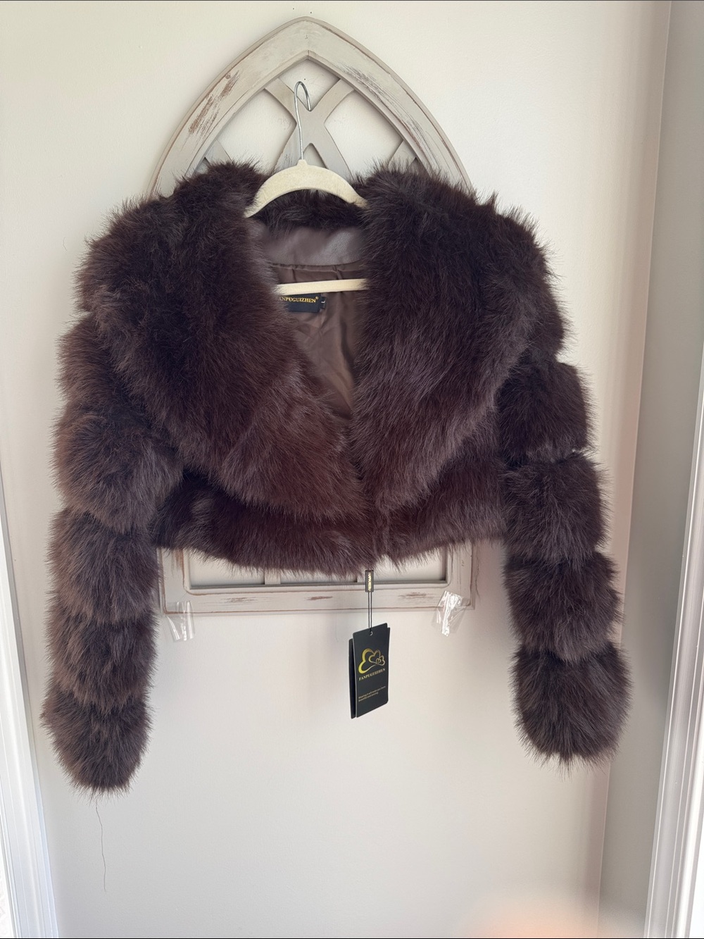 Fanpuguizhen Dark Espresso Brown Faux Fur Cropped bolero Shrug Jacket size L NWT - Picture 2 of 9